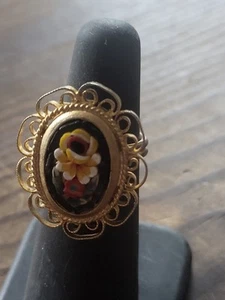 Vintage Italian Colorful Micro Mosaic Oval Filigree Rose Flowers Ring Size 5.25 - Picture 1 of 5