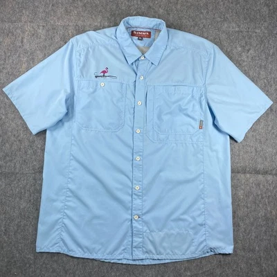 Simms Fly Fishing Shirt Men's XL Short Sleeve Blue Stretch Flamingo Pockets - Image 1 of 4