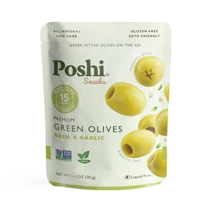 Poshi Green Pitted Olives | Basil & Garlic | Vegan Kosher Gluten Free + Keto ... - Picture 1 of 9