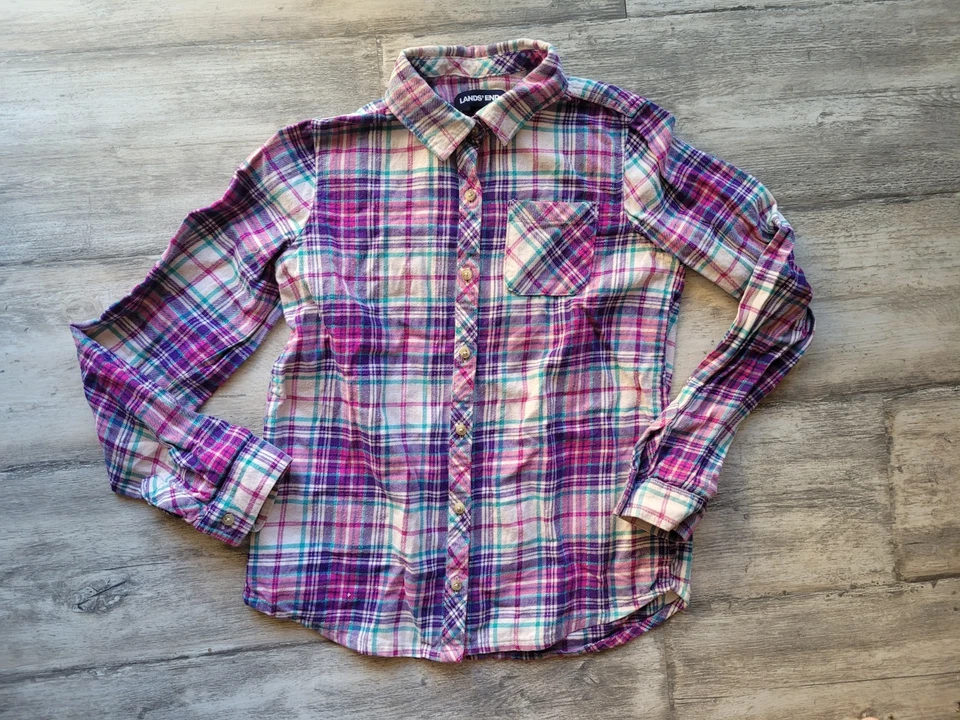 Lands End Girls Flannel Purple Plaid Shirt L Large 14 school - Image 1 of 1