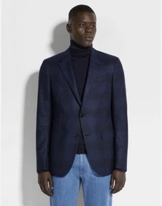 Saks Fifth Avenue Zegna Italian Silk & Wool Navy Blue & Blue Traveler Jacket 42S - Picture 1 of 20