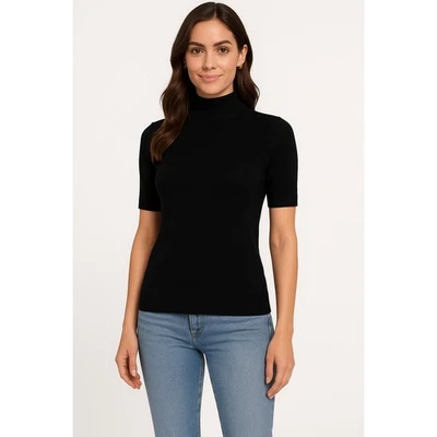 Suéter pulóver acanalado cuello alto manga corta negro para mujer David Hollis Foto 1 de 4