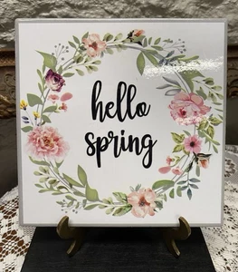 Azulejo/remache/corcho de cerámica floral rosa, verde y blanco “Hello Spring”, 6,25” - Imagen 1 de 4