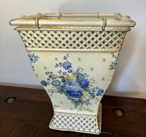 Yellow And Blue Floral Tin Vase Cache Pot Cottage 9.5”h 6.5”w French Country - Picture 1 of 12