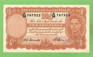 AUSTRALIAN 1949 TYPE COOMBS / WATT TEN SHILLING BANKNOTE #A38 767322 - Bild 1 von 2