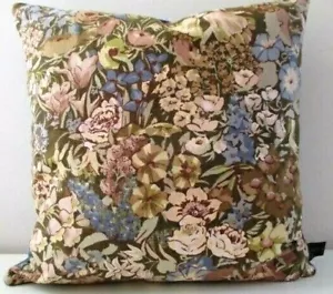 Liberty Cottage Garden Vintage Cotton & Blue Velvet Fabric Retro Cushion Cover - Picture 1 of 12