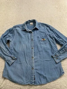 Disney Mickey Women Denim Long Sleeve Button-Up Shirt Blue Size L - Picture 1 of 9