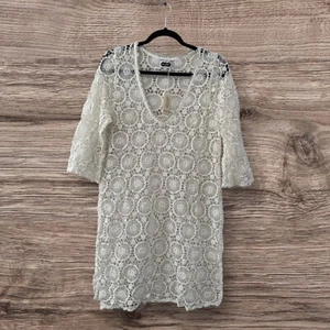 Mud Pie Women's Mallory Medallion Crochet Cover-Up Cream Large Cream 3/4 Sleeve - Picture 1 of 6
