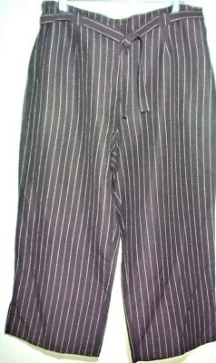 MCNAUGHTON Cropped XL High Rise Tie Belted Paperbag Linen Bln Flare Brown Stripe - Image 1 of 4