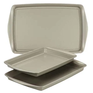 Rachael Ray 3 Piece Steel Nonstick Bakeware Cookie Pan Set Silver Baking Trays - Picture 1 of 8