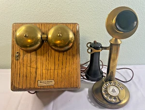ANTIKES Western Electric Bell AT&T Messing Kerzenständer Telefon mit Klingelbox - Bild 1 von 22