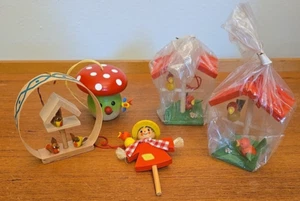 5 Wooden Ornaments Erzgebirge Holzkunst Ulbricht Germany Birds Toadstool - Picture 1 of 11
