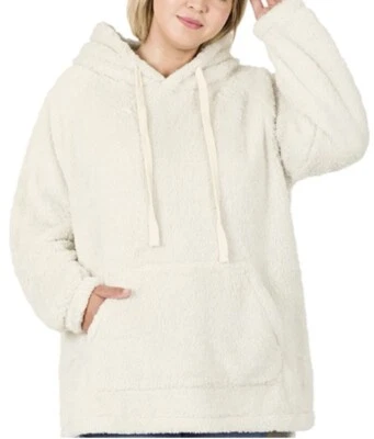 Zenana Women’s Plus Size 3X Faux Fur Hoodie Bone (beige) Drawstring Front Pocket - Image 1 of 4