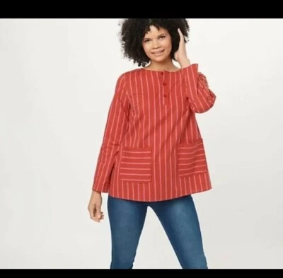 NUEVA Camisa Túnica Isaac Mizrahi Rayas Para Mujer Talla Mediana Botón, Bolsillos Rojo  Foto 1 de 4