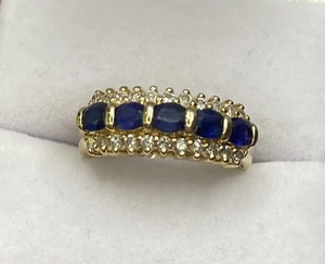 Anello fascia oro giallo 14 kt 1 carato zaffiro blu diamante pavè matrimonio 3 file 6 1/2 - Foto 1 di 13