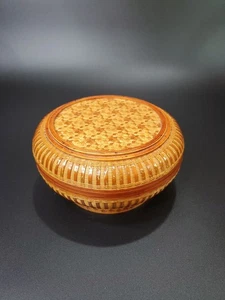 Scatola cestino vimini vintage cinese Zhejiang artigianato tessuto a mano con coperchio eccellente  - Foto 1 di 12