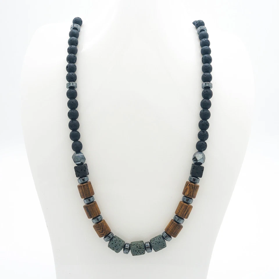 Men's Natural Lava Rock Gemstone 20" Necklace - Hematite Wood - Image 1 of 1