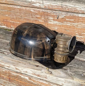 MSA Comfo-Cap Tiger Stripe Fiberglass Miners Helmet & Shanklin Carbide Lantern - Picture 1 of 23