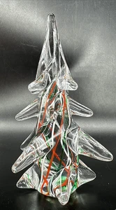Vtg Green Red Ribbon Clear Crystal Glass Christmas Tree 6" Holiday Decor Figure - Picture 1 of 5