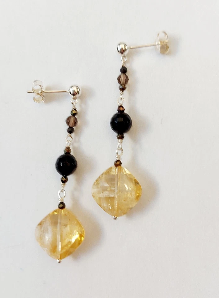 Orecchini in argento 925 pietre quarzo citrino fume onice zirconia regalo Natale - Immagine 1 di 4