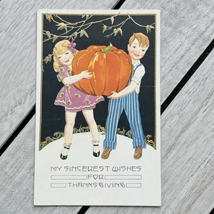 Raro ART DECO Queridos Niños con Calabaza Gigante SALUDOS DE ACCIÓN DE GRACIAS Antiguo - Imagen 1 de 3