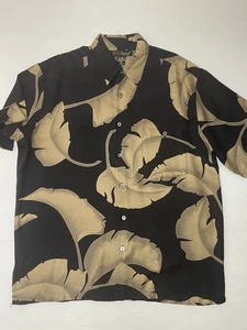 Tori Richard Hawaiian Shirt Black Gold Palm Leaf AOP Silk Blend Size L - Picture 1 of 9