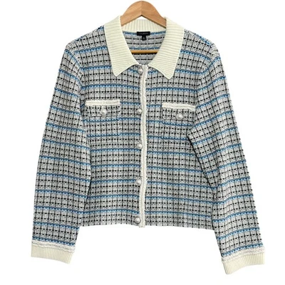 Chaqueta TALBOTS Tweed Perla Cadena Plateada XL Azul Crema Negro Carrera Preppy Chic Foto 1 de 4