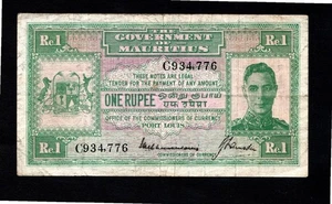 Billete de una rupia 1940 del Gobierno de Mauricio Rey Jorge VI de la Segunda Guerra Mundial MUY RARO - Imagen 1 de 2
