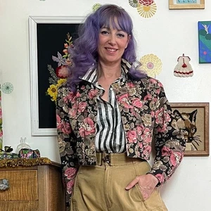 Vintage Cropped Floral Jean Jacket, 1990s Paris Blues Flower Print Denim Sz S-M - Picture 1 of 10