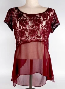 VTG Sheer Lace Blouse Cap Sleeve Maroon LARGE Ruffle Y2K Coquette Fairy - Picture 1 of 8