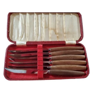 Cutlass Leppington Sheffield England Stainless Knife Set Wood Handle w/ Case - Picture 1 of 24