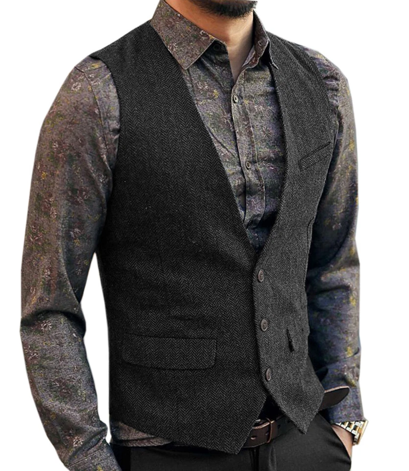 Gilet uomo tweed lana spina di pesce casual western gilet 42 44 46 48 - Immagine 1 di 4