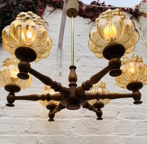 23" Antique Teak Wooden Chandelier, 6 Lights, YELLOW Hand-Blown Glass Shades Mid Cover