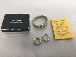 Vintage Gold Tone Cuff Hinged Bracelet Watch Pilgrim 17 Jewels & Earings - Picture 1 of 6