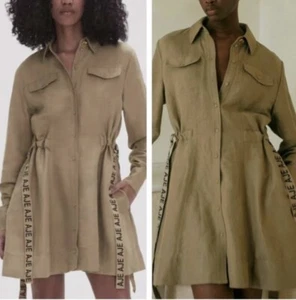 Aje Eternal Logo Mini Dress Size 4 Desert Khaki Linen Blend Long Sleeves - Picture 1 of 13