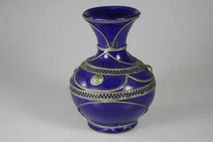 VINTAGE MOROCAN EARTH WARE POTTERY COBAL BLUE VASE - Picture 1 of 9