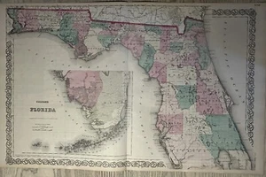 1870 Colton's Florida Original Hand Coloured Antique Map 28" x 17" - Picture 1 of 3