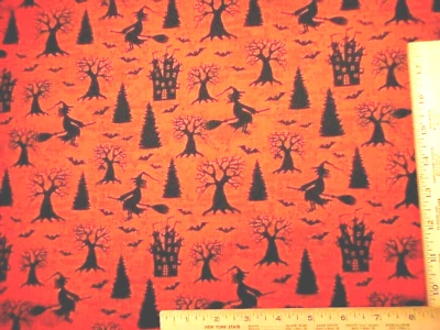 Tela de Halloween por yarda escobas de bruja negra casa espeluznante murciélago naranja oscuro algodón C Foto 1 de 2