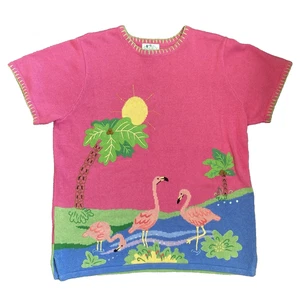 Quacker Factory Shirt Womens 1X NEW Vintage 90s Flamingo Short Sleeve Coastal - Picture 1 of 11