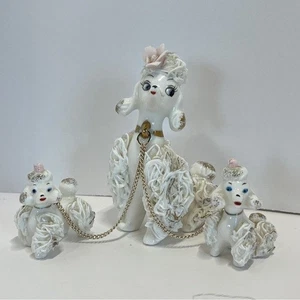 Vintage 50s Japan Spaghetti Poodle Mom 2 Puppies Chain Figurine MCM White Golden - Picture 1 of 11