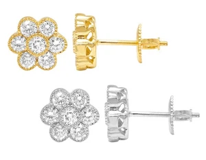 10k Flower Cluster Real Diamond stud Earrings 9mm 1.1 CT - Picture 1 of 5