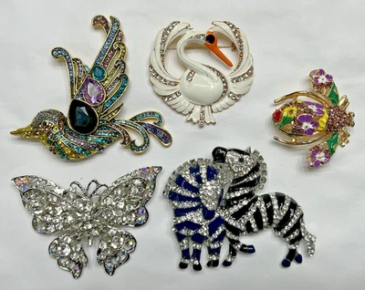 Crystal Rhinestone Bee  Butterfly Brooch Bird Zebra Flower Pin Defect LOT Animal - Image 1 of 4