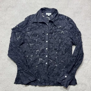 Fantazia Shirt Womens Large Sheer Mesh Button Up Floral Lace Long Sleeve Top - Picture 1 of 11