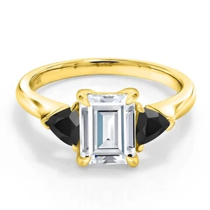 18K Yellow Gold Plated Silver White Moissanite and Onyx 3-Stone Ring For Women - Picture 1 of 5