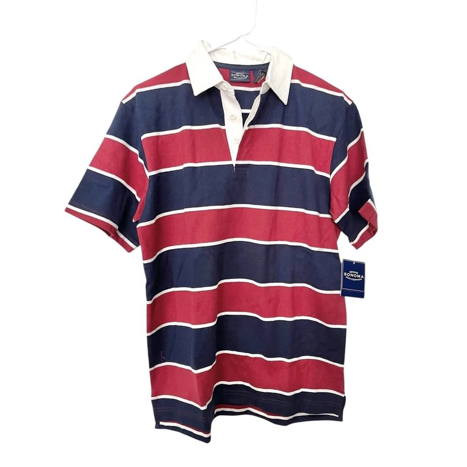 New With Tag Sonoma Boy’s Large Polo Shirt Blue Red Striped Short Sleeve Casual - Image 1 of 4