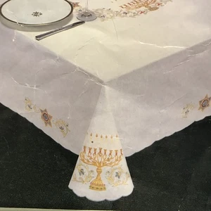 Hanukkah By Jabara Cotton Tablecloth With Embroidered Menorah & Crown Design - Picture 1 of 19