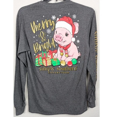 Top Manga Larga Simply Southern Collection Merry Bright Pig Navidad - Mediano Foto 1 de 4
