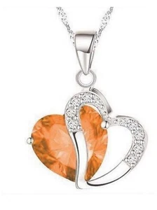 *NEW Crystal Heart Amber Orange Pendant Necklace with Silver .925 Chain 18" Long - Picture 1 of 3