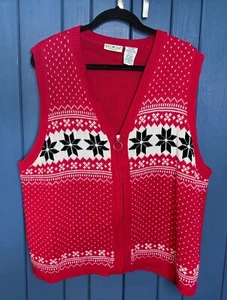 Vintage Red Fair Isle Snowflake Sweater Vest 22W 24W Zip Up Nordic Winter - Picture 1 of 4