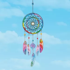 Rainbow Dream Catcher w/ Feathers Glass & Metal Porch Patio Garden Wind Chime - Picture 1 of 1